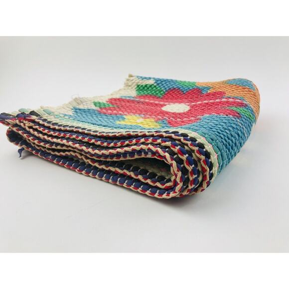 Vintage 70's Flower Power Groovy Rag Throw Rug 44"x24" Granny Core Wall Art Blue - Picture 4 of 12